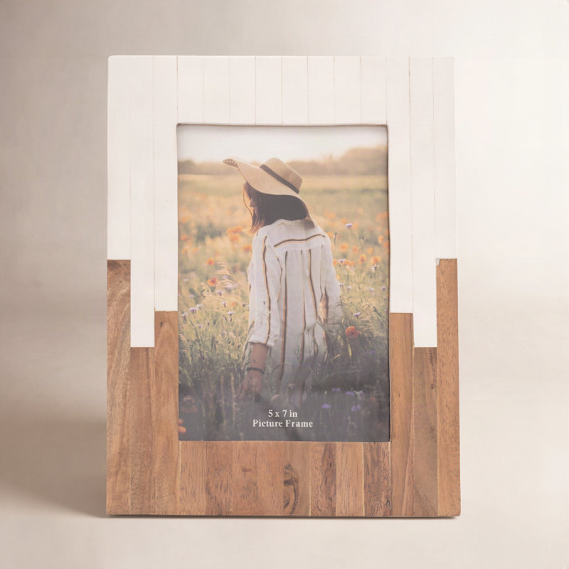 Decorative Acacia Wood Picture Frame for Entryway Display - Two Tone Photo Frame for Bedroom, Living Room, or Side Table - White & Brown