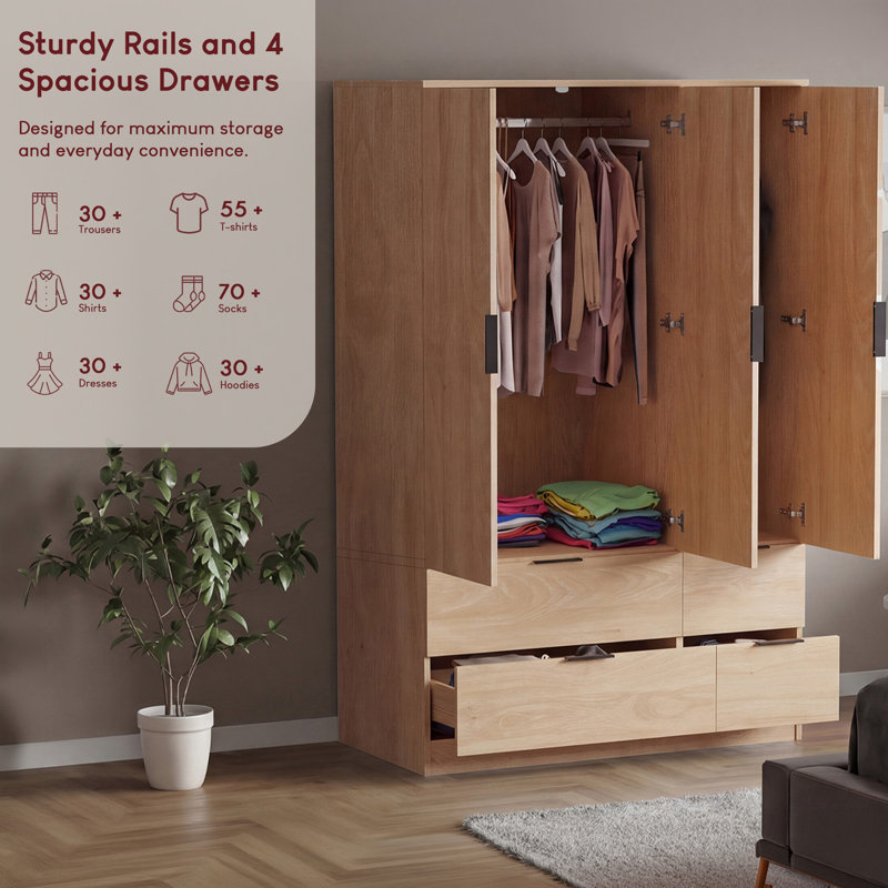 3 Door 4 Drawer Wardrobe Spacious Bedroom Storage with Hanging Rail Shelves and Modern Design