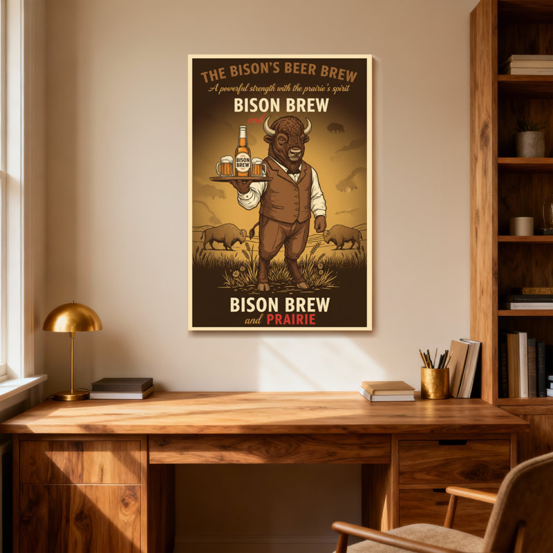 Bison à la mode tenant un plateau de bière sur fond de prairie, H 36 po x l 24 po