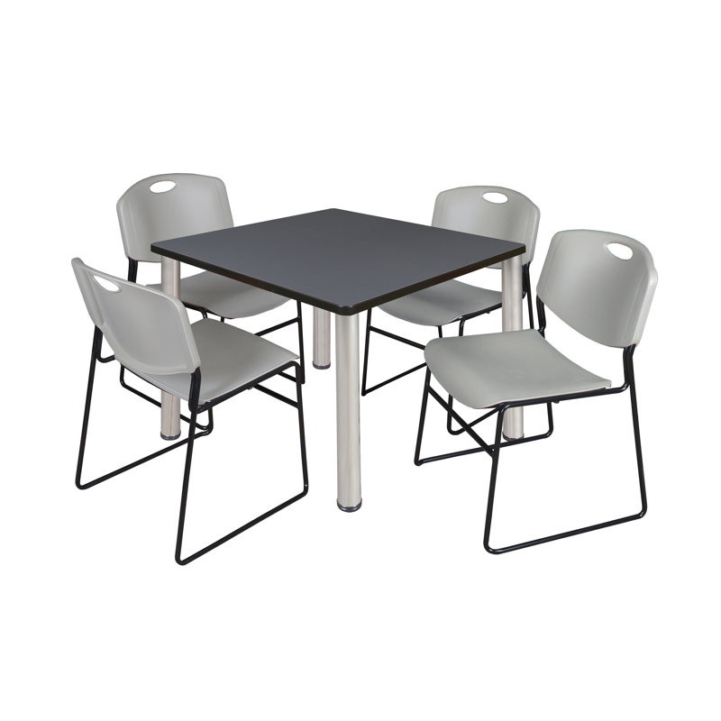 Plateau de table Kee Square, 4 chaises empilables Zeng, Chrome, H 29 po x l 42 po x P 42 po, Gris
