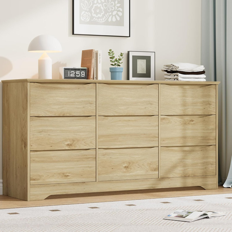Commode 9 tiroirs en bois pour chambre à coucher, grande commode de rangement avec plateau large, naturel, Ivoire ivoire