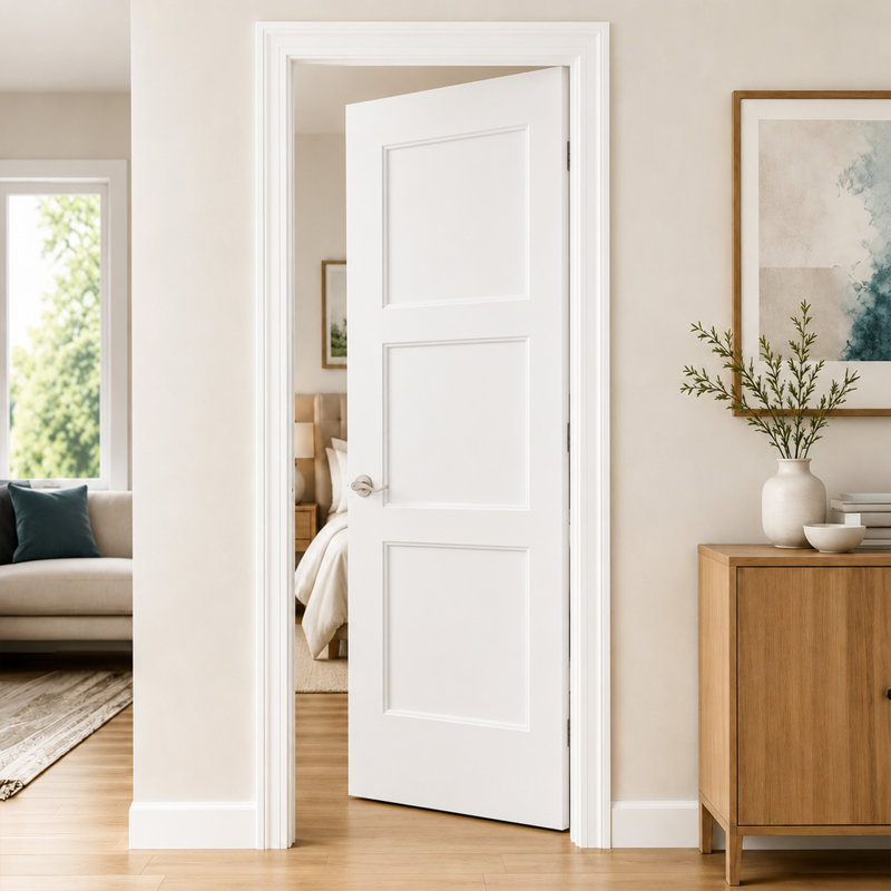 Ensemble de porte garde-manger blanc à 3 panneaux avec cadre et poignée levier argenté, porte intérieure moulée pré-compatible