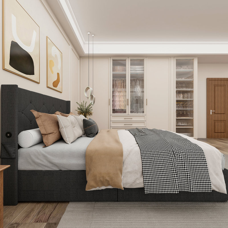 Lit double avec rangement à vérin à gaz, tête de lit à oreilles tapissier en lin moderne, hublots, aucun sommier requis, lit gris foncé, modernisation de chambre à coucher de style contemporain
