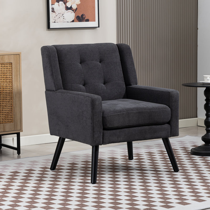 26.77" Mid-Century Modern Accent Chair, Linen & Suede Upholstery Comfy Armchair With Tufted Back, High-Density Foam Cushion And Black Solid Wood Legs