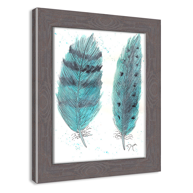 «Feathers in Turquoise II», art encadré, H 12 po x l 10 po x P 0,6 po, Encadrement fil du bois gris