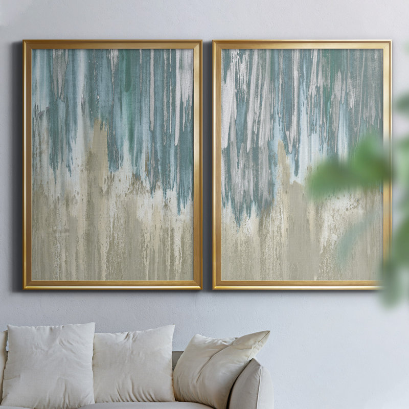 «Like a Waterfall I», ensemble de 2 reproductions, Pas de tapis, Toile encadrée dorée, H 22,5 po x l 61 po x P 1,5 po