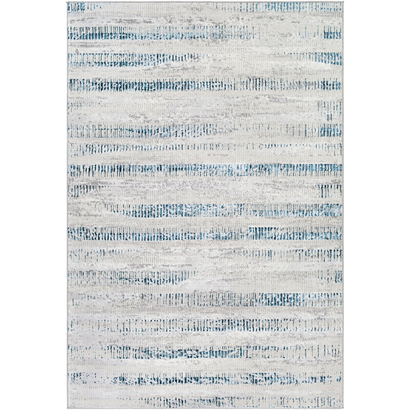 Ivory Dark Blue Modern Rug, Striped Stain Resistant Easy to Clean Rug For Living Room, Dining Room, Bedroom, Kitchen