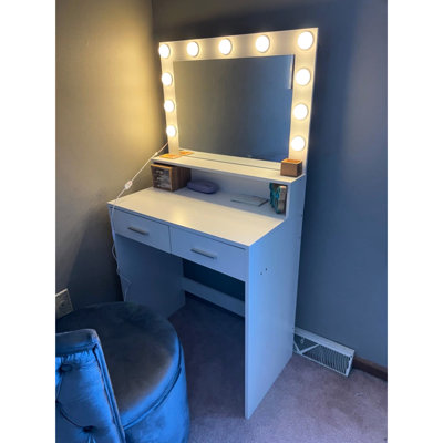 Bureau de coiffeuse blanc avec 3 modes d'éclairage, miroir, rangement à 2 niveaux, grand tiroir - magnifique pièce de miroir et lumières pour la chambre à coucher, élégant