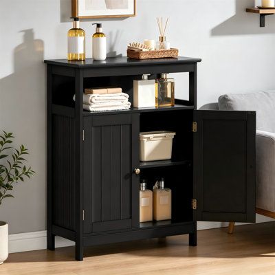 Wooden Bathroom Storage Cabinet, Free Standing Organizer with 2 Doors and Open Compartment, Adjustable Shelf for Living Room Hallway, Black