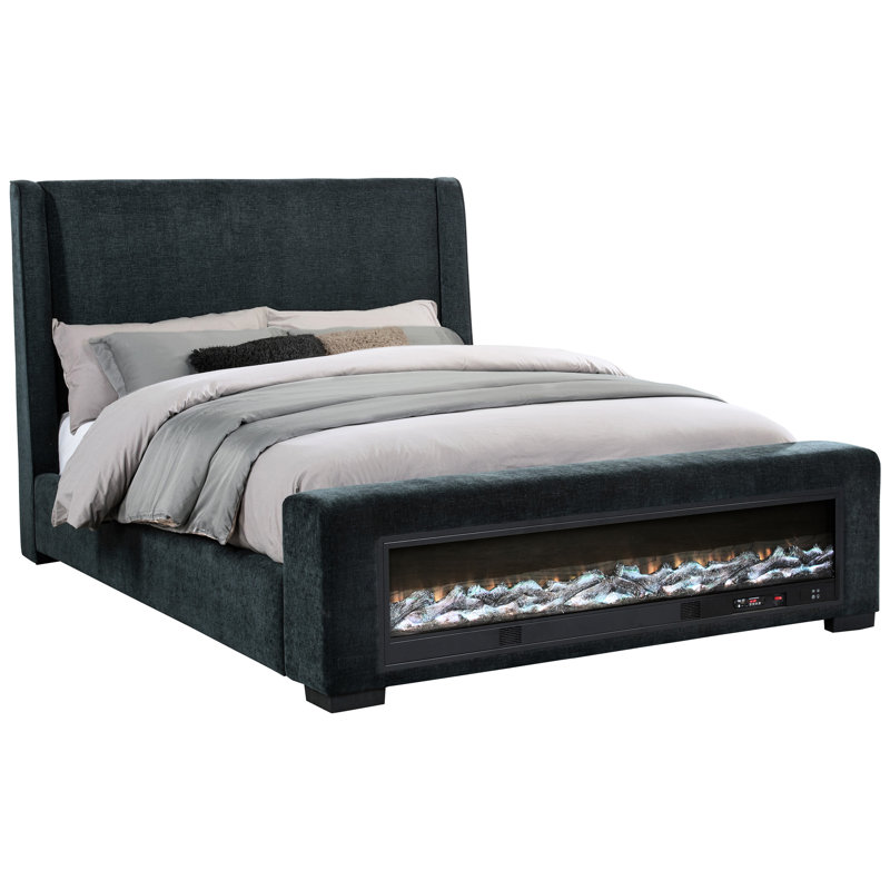 Très grand lit tapissier bleu foncé avec diffusion audio, luminosité réglable, télécommande sans fil et visualisation de la flamme 13 couleurs personnalisables pour tissu de chambre à coucher, télécommande, haut-parleur, - couleur