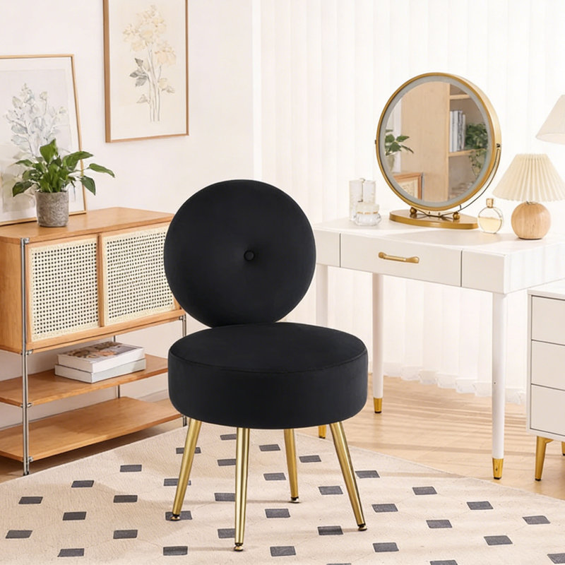 Chaise de coiffeuse avec tabouret d'appoint Noehly, Velours noir