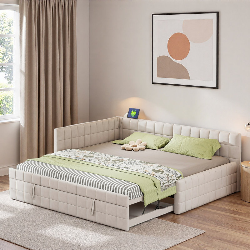 Upholstered L-shaped Daybed With Pop Up Trundle, Usb Ports And Square-block Pattern, Beige