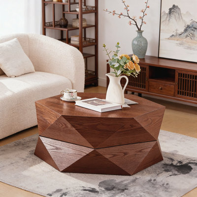 Table basse 36,61 po de style rétro avec plateau escamotable Polygon, espace caché rabattable, table basse cylindrique en placage de bois massif avec rangement pour le salon, la chambre à coucher et le bureau, rougeâtre