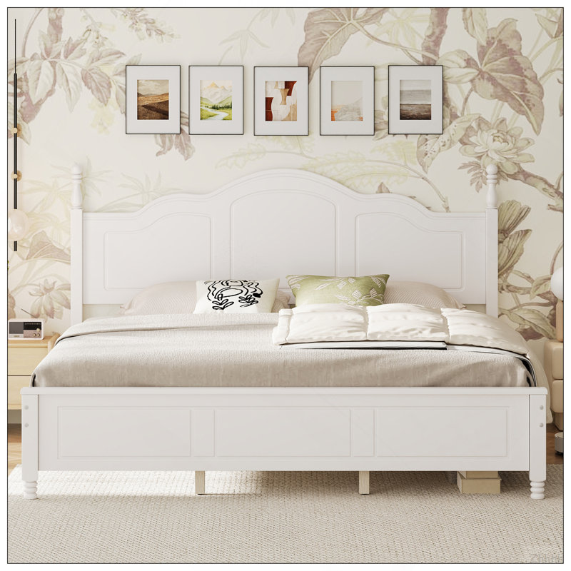 Structure de lit plateforme très grand avec tête de lit à vagues rétro, support de lattes en bois, aucun sommier requis, assemblage facile, structure robuste, mobilier de chambre à coucher avec design rétro classique, blanc