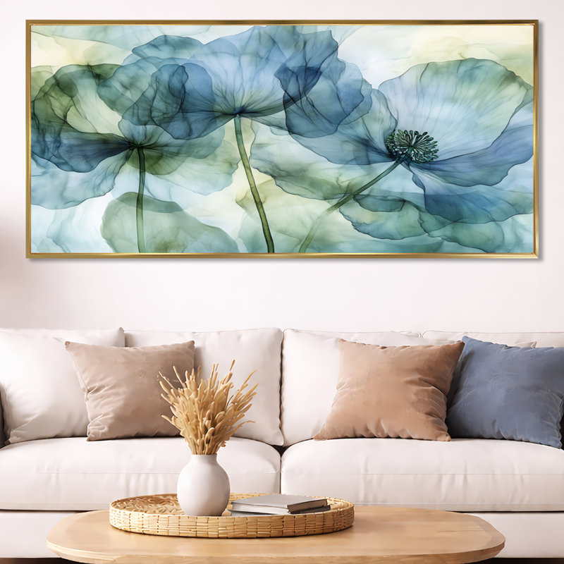 Art mural de fenêtre printanière, toile florale de jardin, vue de fenêtre printanière, H 28 po x l 60 po, Cadre flottant doré
