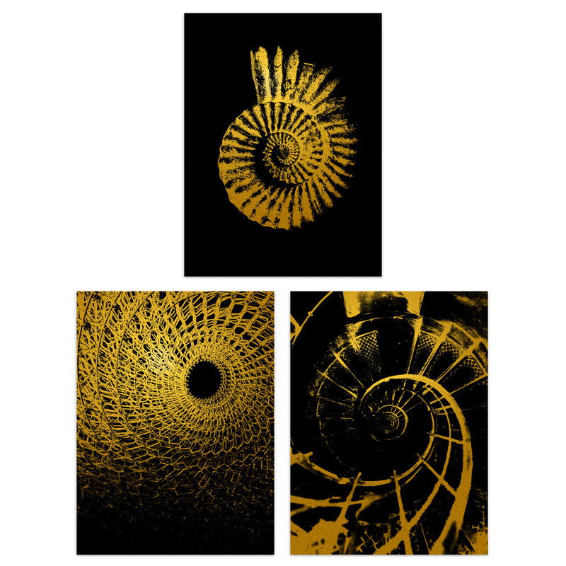 Mercedi Abstract Spiral Shapes Shell Staircase Gold Effect - 3 Piece No Frame Print, 29.7" H x 21" W x 0.4" D