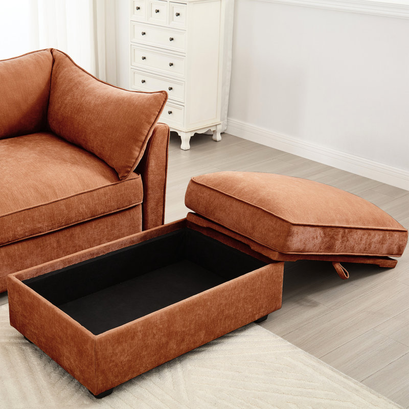 Chenille orange à 3 places, tiroirs coulissants pour un rangement facile dans le salon, enveloppé de coussins d'accoudoir avec rangement caché dans le siège, tissu usé, style nordique
