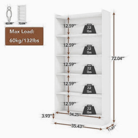 Wood Bookcase, 72" Tall Bookshelf with 6-Tier Open Storage Shelves, Brown