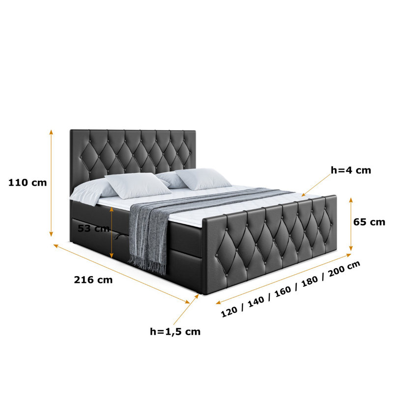 Sabeehah Bed with Mattress, Black, 160 x 200cm
