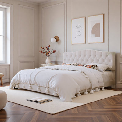 Upholstered Platform Bed With Saddle Curved Adjustable Headboard And Diamond Tufted Details