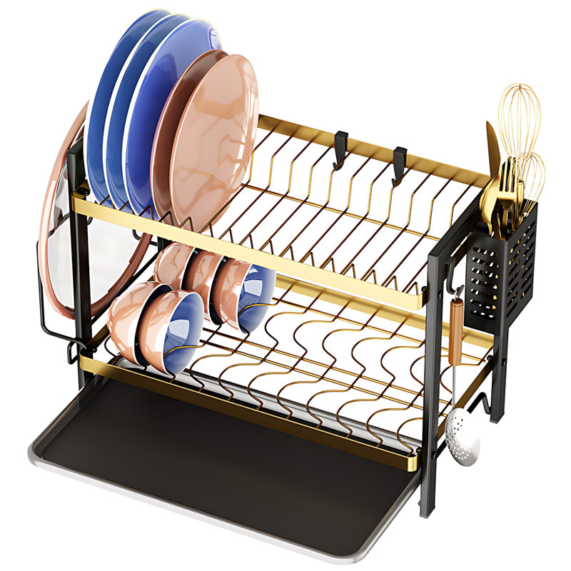 Over Sink Dish Drying Rack With Utensil Holder And Drainboard, Kitchen Countertop Organizer For Plates Bowls Cups And Cutlery