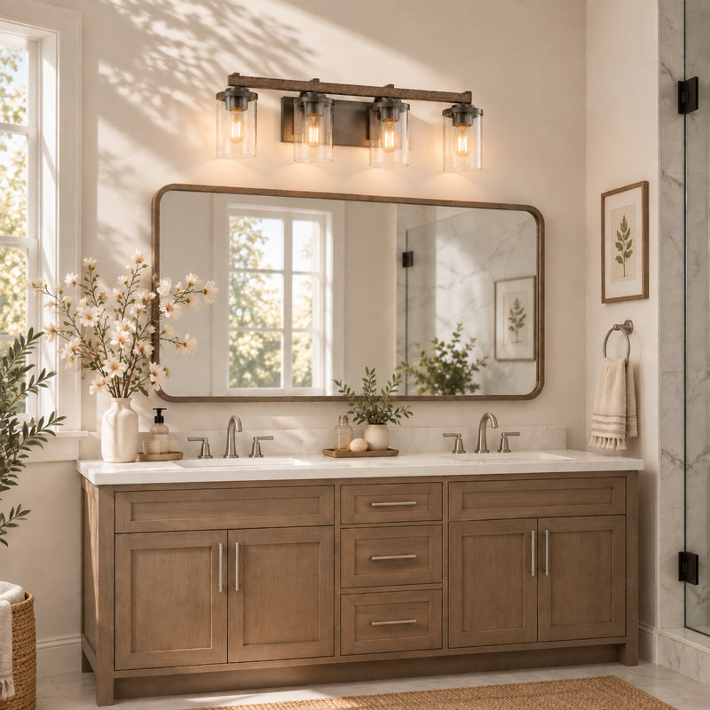 Éclairage pour meuble-lavabo de campagne moderne à 4 lumières à intensité variable Ifill, Argent foncé rustique et faux bois