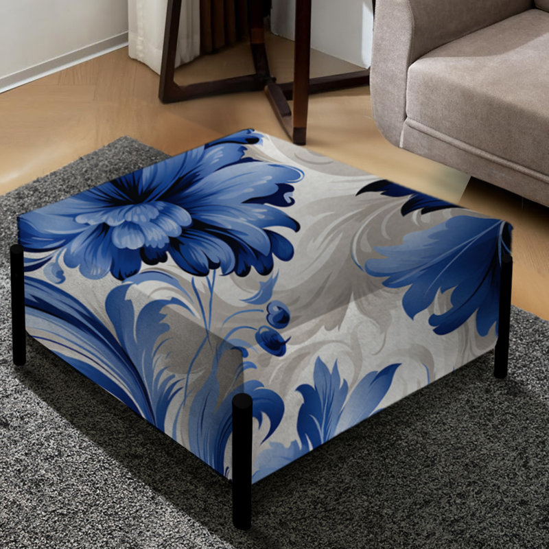 Motif victorien bleu à volutes ornementales - Grand repose-pieds carré floral