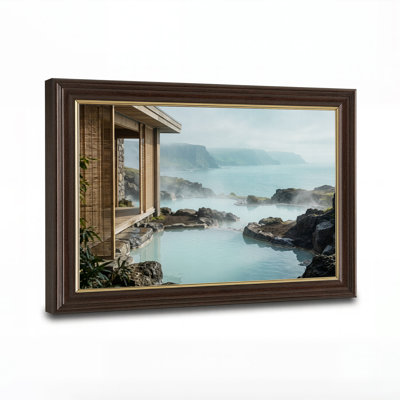 Tableau sur toile représentant une piscine géothermale turquoise avec des falaises océaniques brumeuses