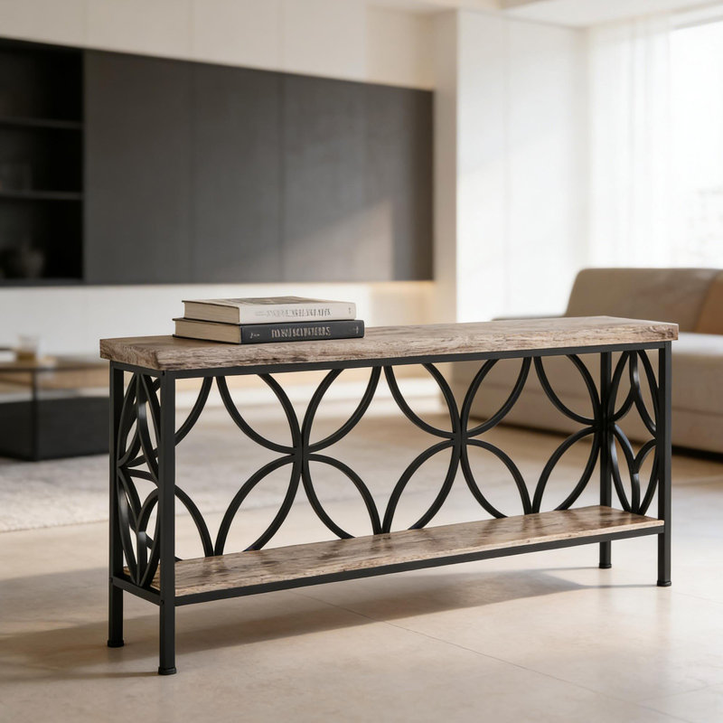 Console de style industriel à 2 niveaux avec grain de bois rétro et détails en métal noir, parfaite pour les espaces étroits et polyvalente