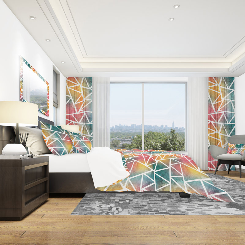Colored Triangle Pattern with Grunge Effect - Modern Duvet Cover Set - Microfiber Polyester, King Duvet Cover + 2 Shams