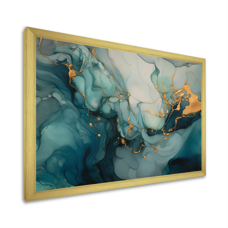 Turquoise doré infusé marbre I, reproduction d'art sur toile, H 16 po x l 32 po x P 1 po, Cadre doré à une seule photo