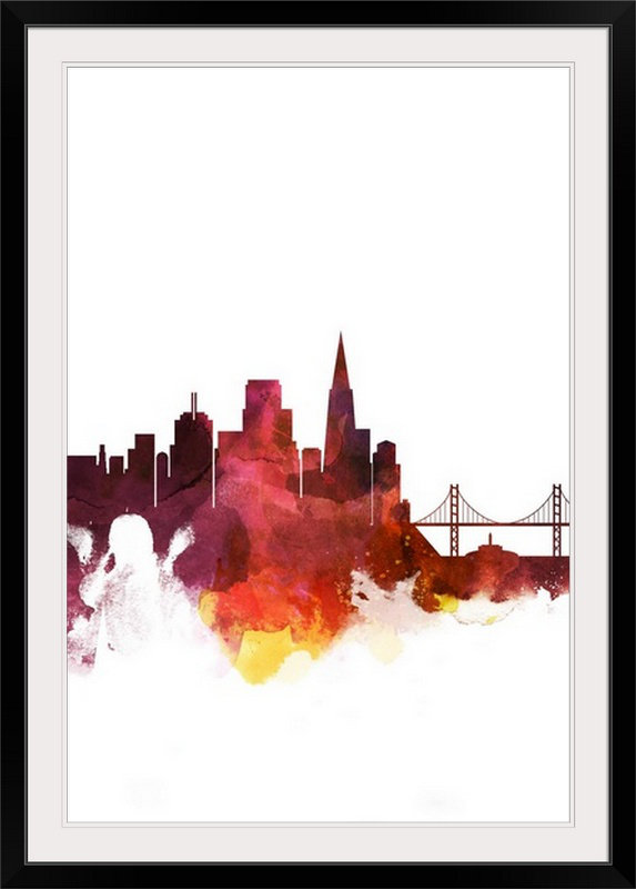 « san francisco aquarelle cityscape », impression, H 26 po x l 20 po x P 1 po, Cadre noir