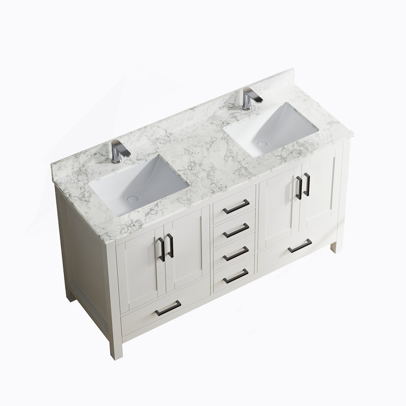 Meuble-lavabo de 59 po de qualité supérieure avec deux lavabos, trous de robinet et beaucoup de rangement en blanc, Blanc