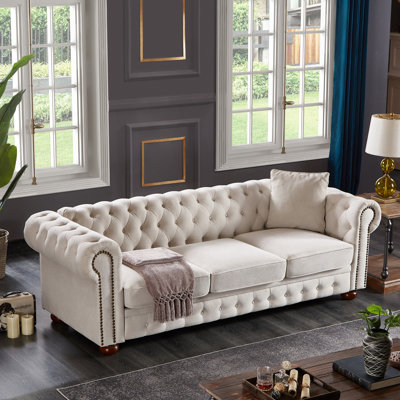 Tissu en lin beige avec structure - structure en bois massif et en métal, coussin de siège de 6,5 po d'épaisseur, meubles et supports rembourrés faciles à assembler