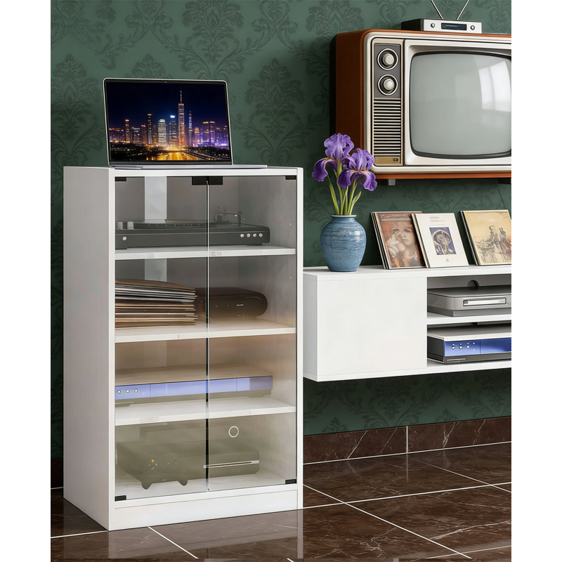 Distressed White 4-Tier Media Cabinet With Vinyl Storage, Adjustable Shelves, Tempered Glass Doors, White