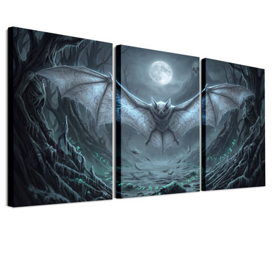 Chauve-souris volante sous la pleine lune, ensemble de 3 toiles murales pour l'Halloween