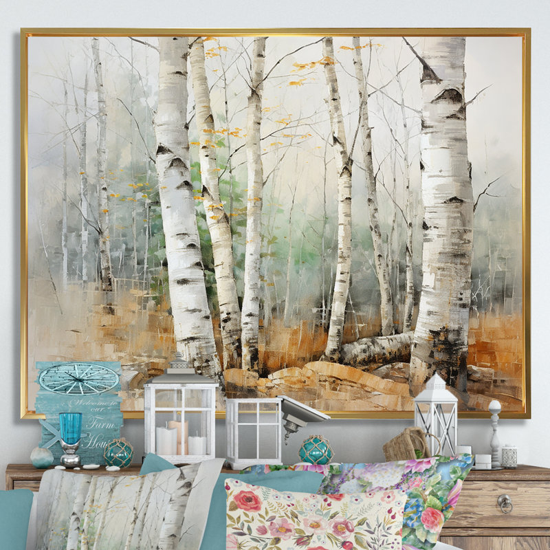 «Beige Silver Birch Tree Beauty II», reproduction sur toile, Cadre flottant doré, H 30 po x l 40 po x P 1,5 po