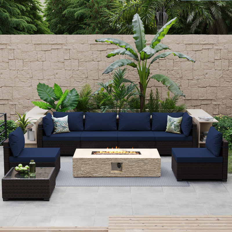 8-Piece Rattan Patio Conversation Set with Cushions and 56-Inch Outdoor Fire Pit Table, Navy Blue
