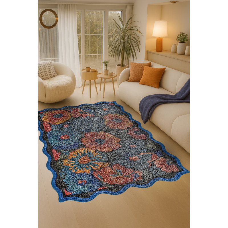 Tapis vert tissé à motif floral lavable Mosso, 4'11" x 7'7"