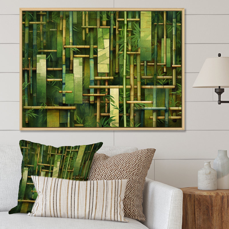 «Whispering Bamboo», motifs géométriques sur toile, H 16 po x l 32 po x P 1 po, Cadre flottant blanc