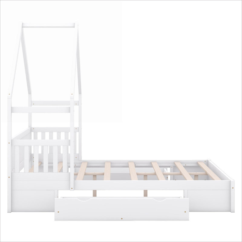 Grand lit plateforme en bois massif de style maison avec garde-corps et tiroirs de rangement, blanc pur
