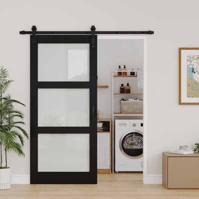 Panneau de porte pré-assemblé, porte de grange coulissante en verre trempé givré en bois massif avec finition noire et portes de salle de bain (fermeture en douceur incluse)