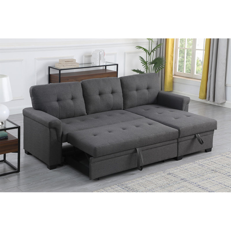 2 - Piece Upholstered Sectional 84" Dark Gray Linen Reversible Sleeper Sectional Sofa with Storage Chaise 46"x20"x7.8"H Pull-out Sleeper: 42"x71"