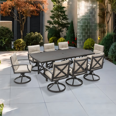 Seehill 9 Pieces Patio Dining Set For 8, Aluminum Outdoor Swivel Dining Set With Umbrella Hole, Outdoor Dining Set With Cushions, Patio Table And Chairs Furniture Sets For Deck, Garden, Yard, Gunmetal