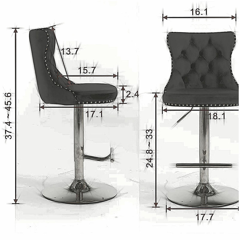 Tabourets de bar pivotants en velours à hauteur de siège réglable, tabourets de bar rembourrés modernes à base chromée avec dossier capitonné confortable, ensemble de 2