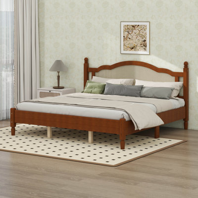 Lit plateforme King Size avec tête de lit en rotin, lit plateforme en bois avec tête de lit, cadre de lit en rotin et en bois pour chambre à coucher