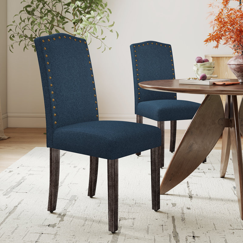 High Back Upholstered Dining Chairs With Nailhead Trim, Blue Fabric