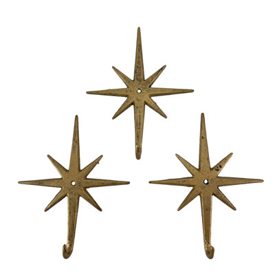 Antique Gold Cast Iron Atomic Starburst Wall Hooks Set Of 3 – Mid-Century Modern Decor For Stylish Organization And Chic Storage