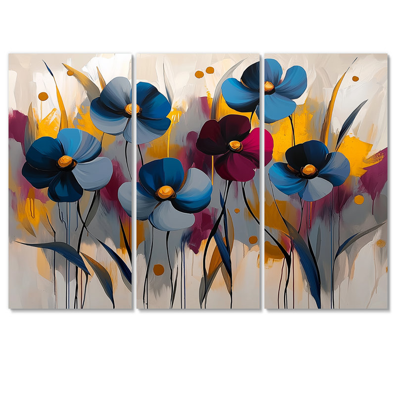 Ensemble de 3 fleurs murales rouges et bleues - bleuet pour salon - ensemble de 3, H 32 po x l 48 po, Toile tendue