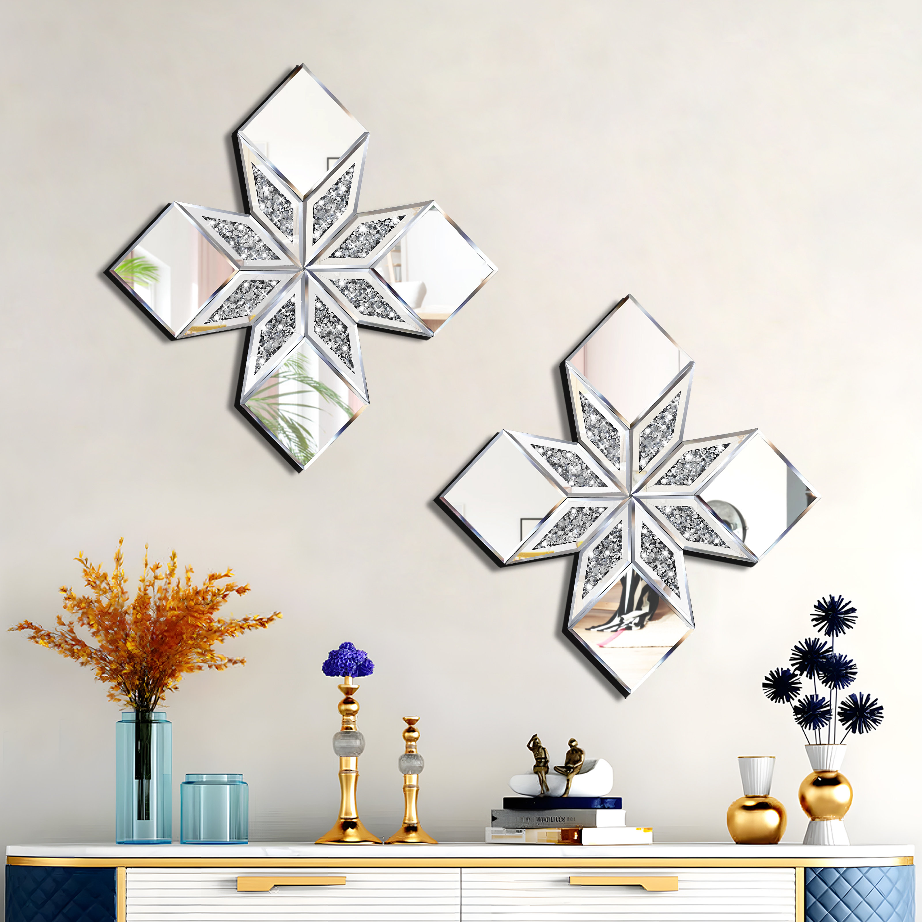 Mercer41 Crushed Diamond Mirror Wall Decor 2 Pack, 16.75x16.75” Diamond